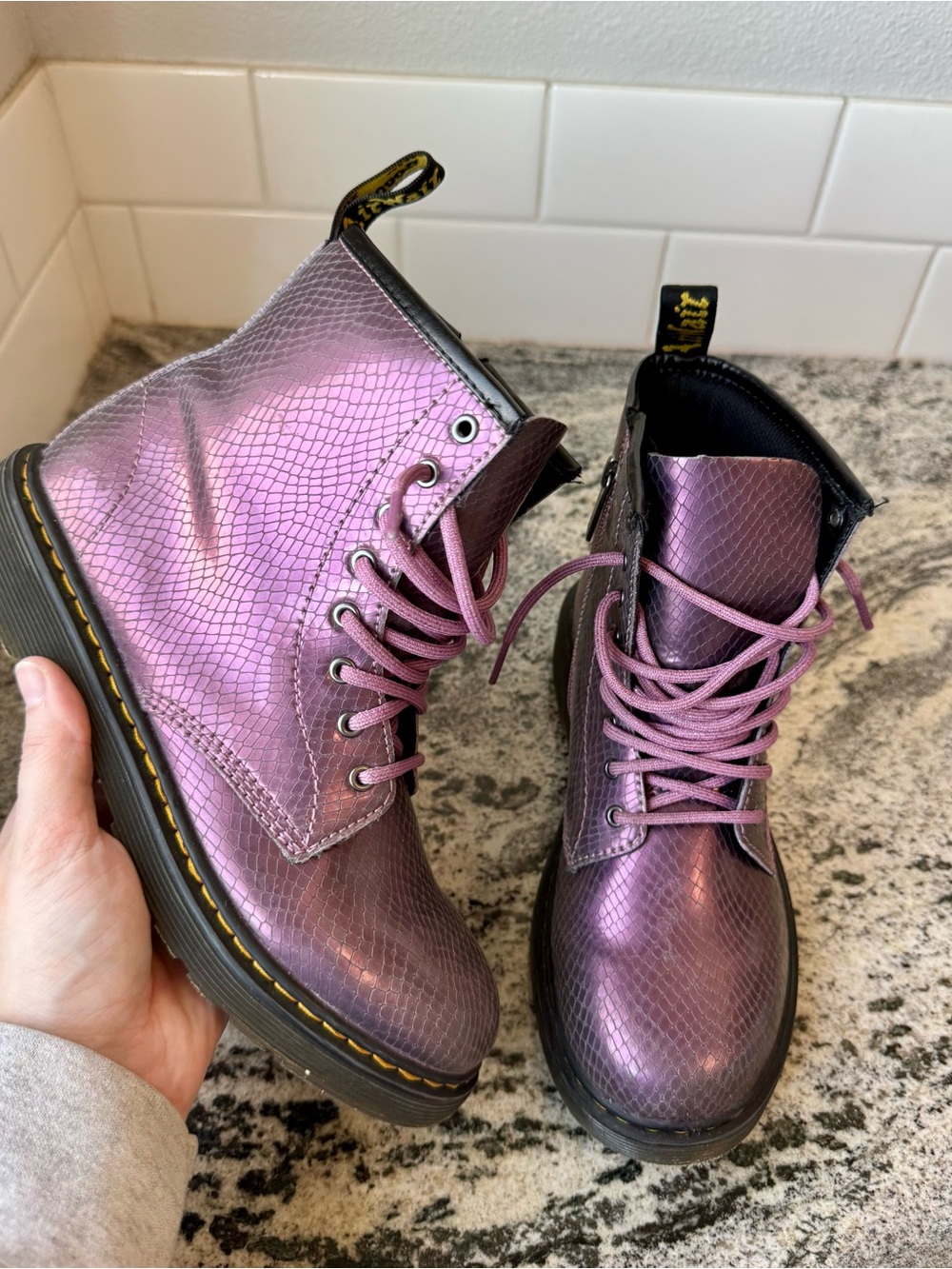 Dr. Martens Girl’s Zip Up Combat Boot. Purple Metallic. Size 5/ EU 36. EUC